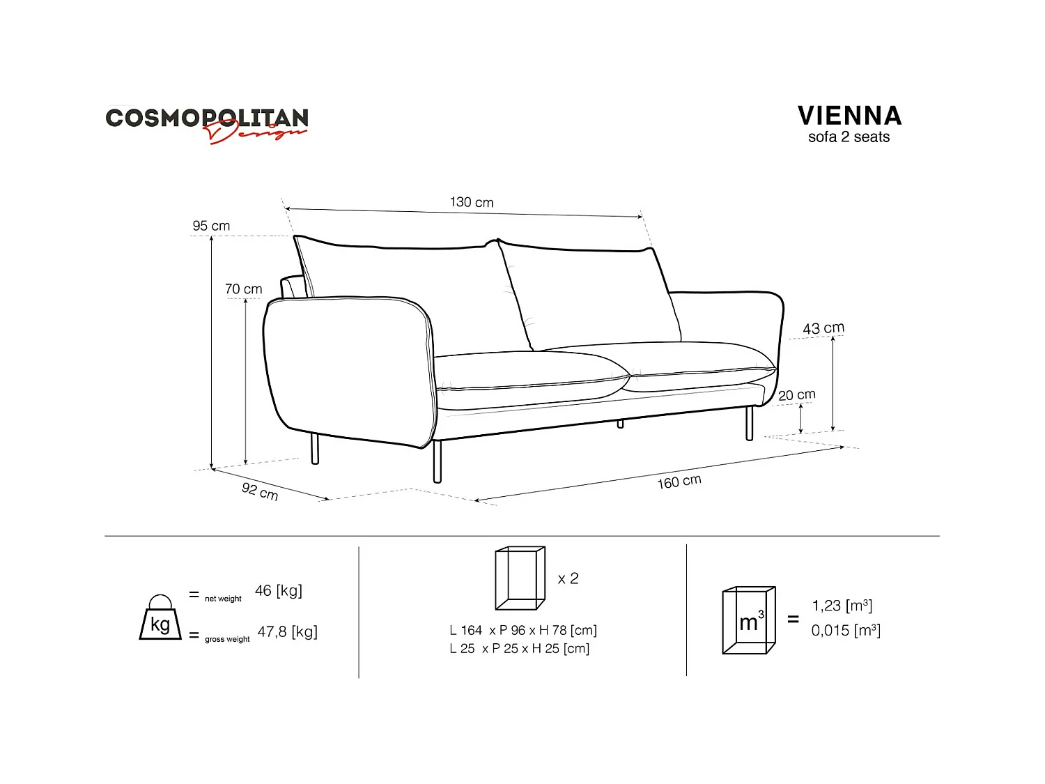 Cosmopolitan Design - Canapé "Vienna" 2 places en velours bleu foncé - 160x92x95cm
