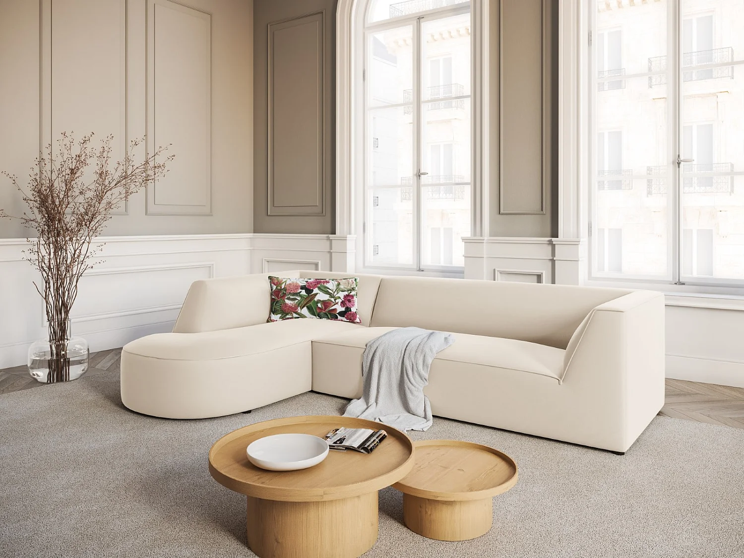 CXL by Christian Lacroix - Canapé d'angle gauche "Charles" 4 places en velours beige - 273x180x69cm