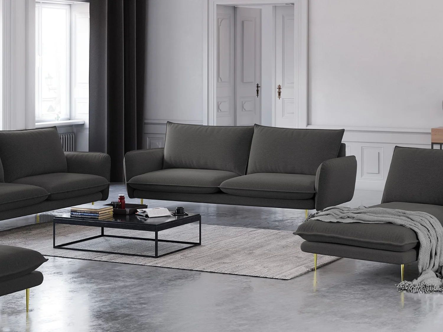 Cosmopolitan Design - 4-Sitzer Sofa "Vienna" aus strukturiertem Stoff dunkelgrau - 230x92x95cm