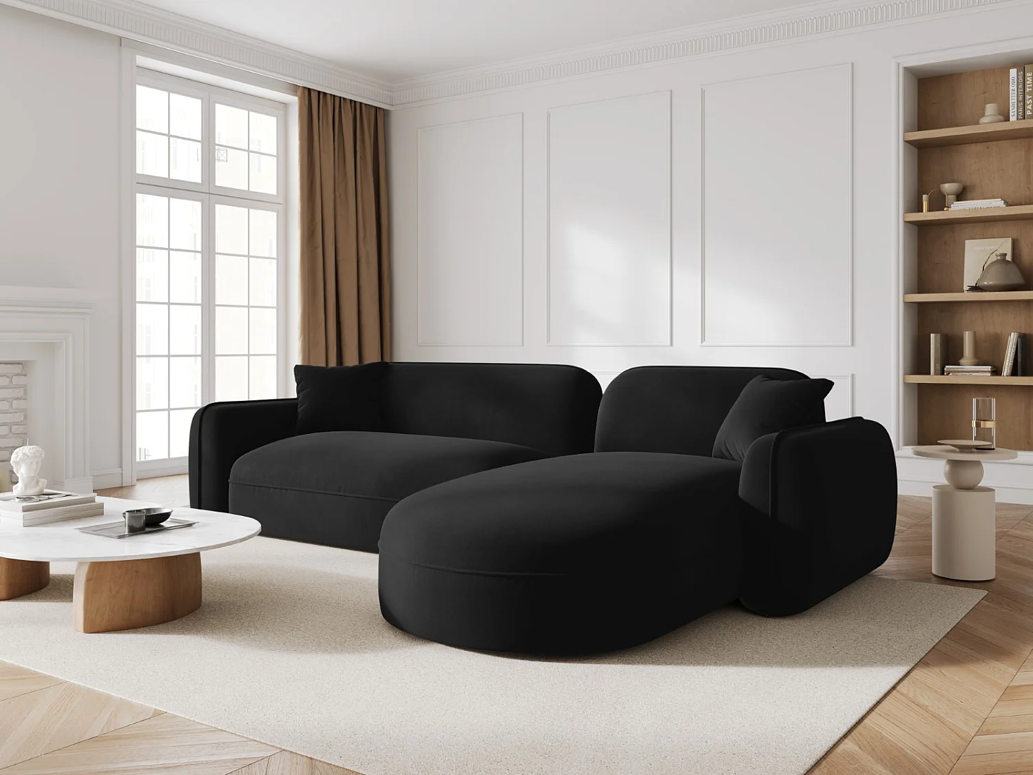 CXL by Christian Lacroix - Canapé d'angle droit modulable "Lucien" 4 places en velours noir - 275x165x70cm