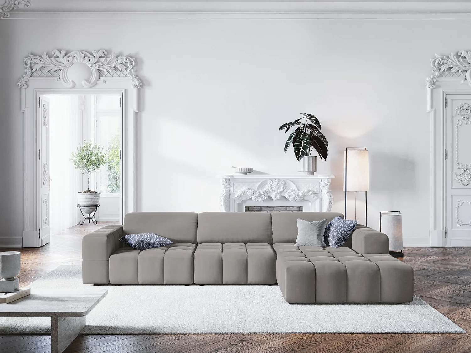 CXL by Christian Lacroix - Rechter hoekbank "Luc" 4 zitplaatsen, Flueel, Lichtgrijs - 284x166x70cm