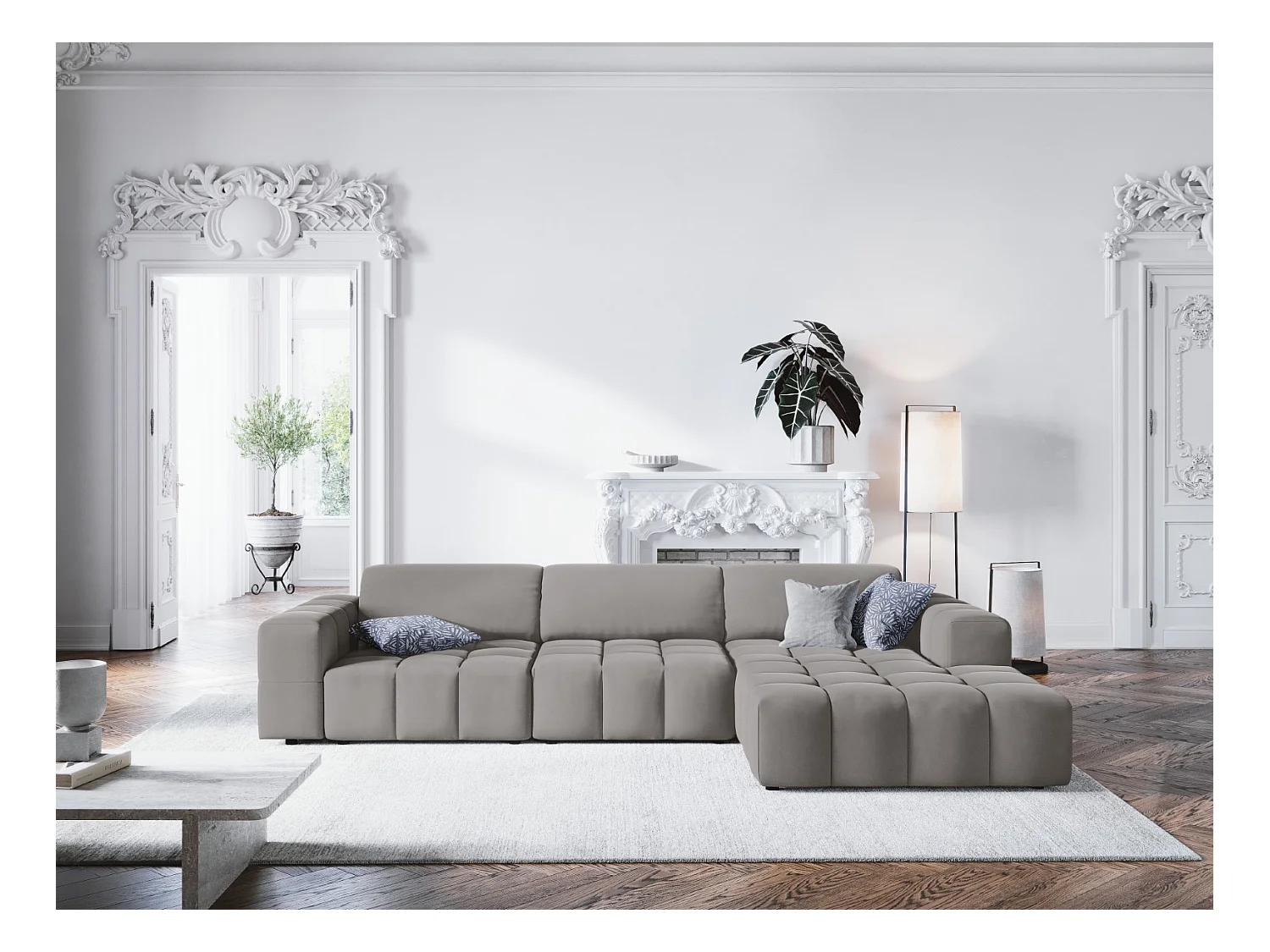 CXL by Christian Lacroix - Canapé d'angle droit "Luc" 4 places en velours gris clair - 284x166x70cm