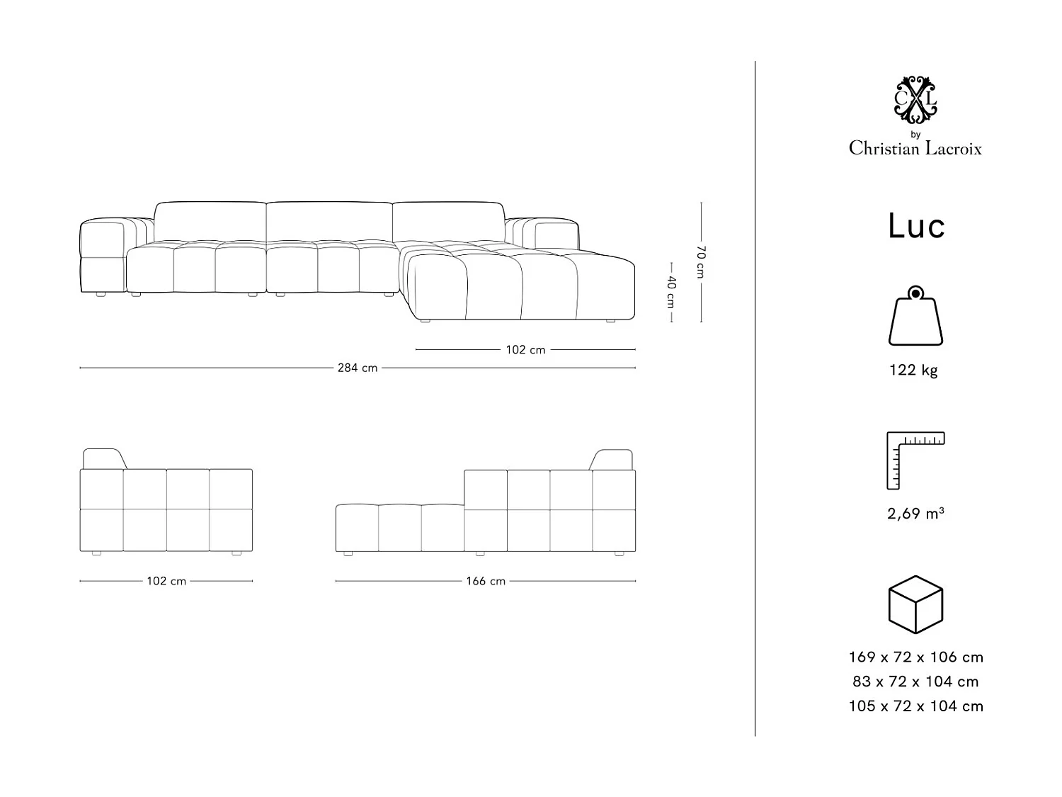 CXL by Christian Lacroix - Sofá de canto direito "Luc" 4 lugares em veludo cinza claro - 284x166x70cm