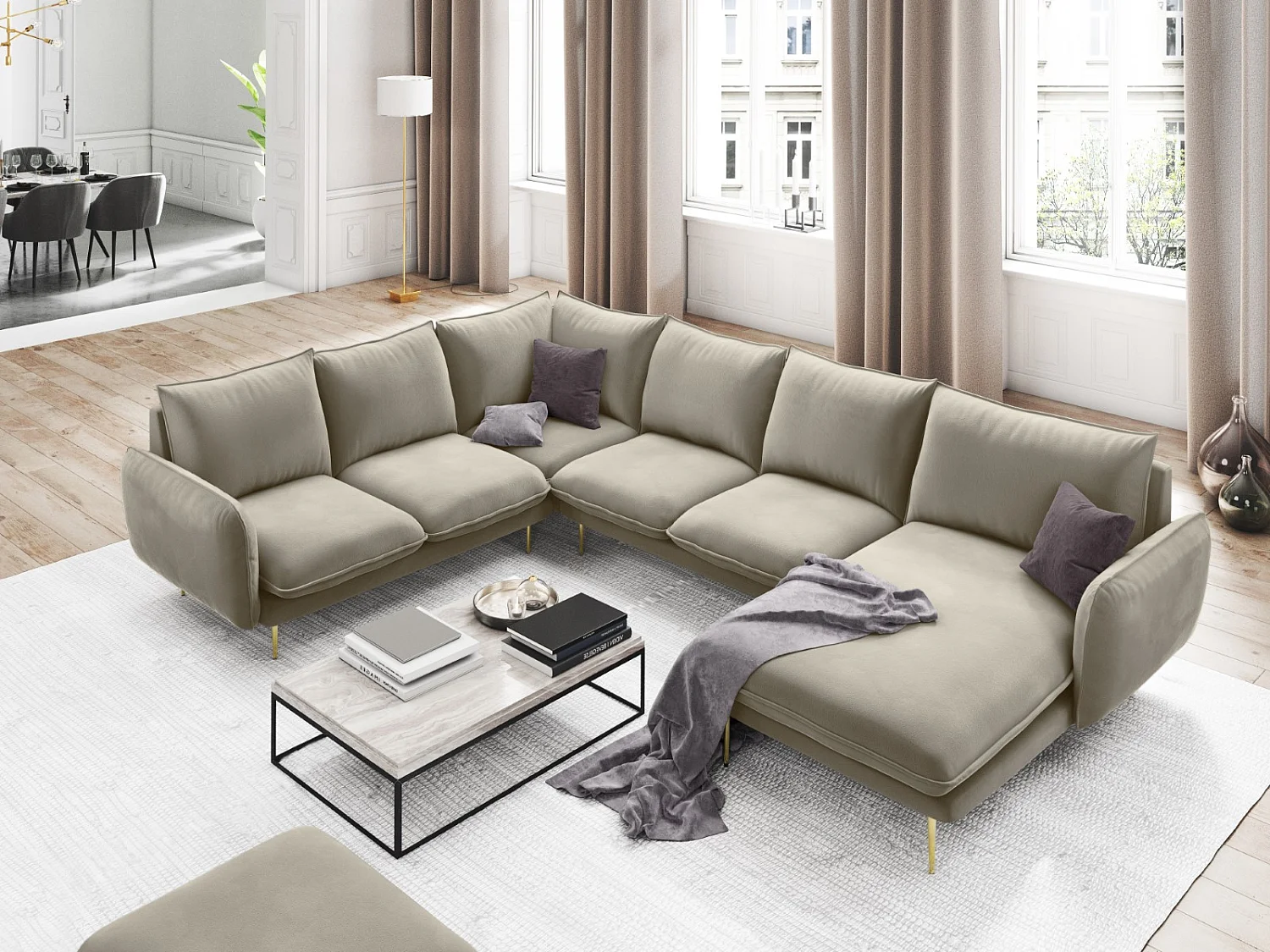 Cosmopolitan Design - Canapé d'angle gauche panoramique "Vienna" 7 places en velours beige - 330x235x95cm