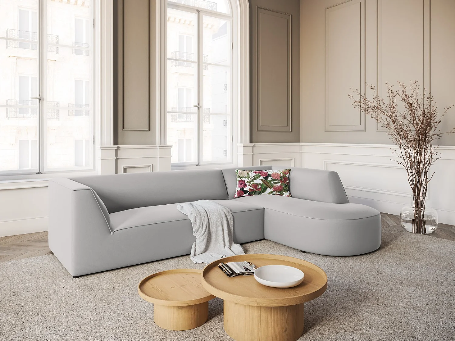 CXL by Christian Lacroix - Canapé d'angle droit "Charles" 4 places en velours gris clair - 273x180x69cm