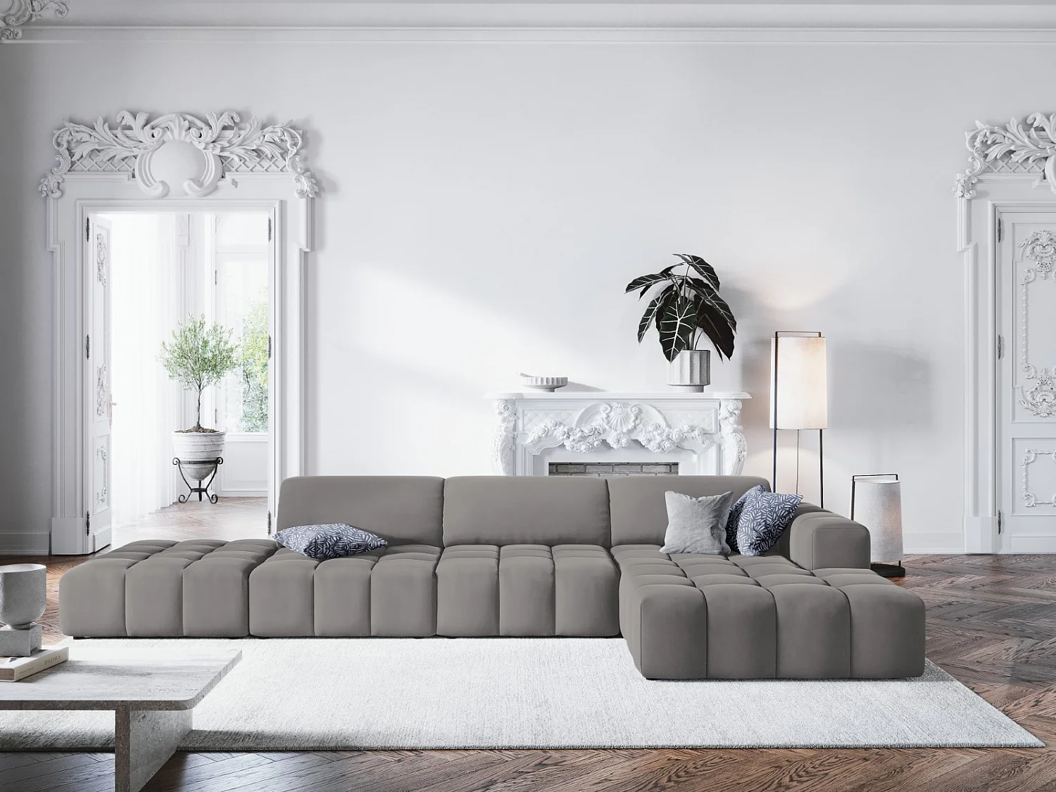 CXL by Christian Lacroix - Rechter hoekbank "Luc" 5 zitplaatsen, Flueel, Lichtgrijs - 341x166x70cm