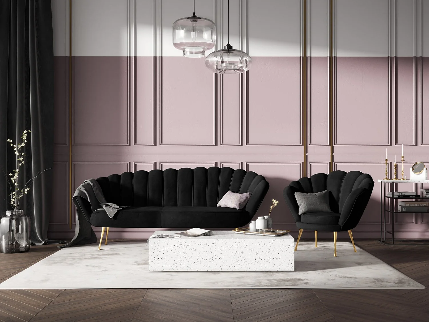 Cosmopolitan Design - Canapé "Kingston" 3 places en velours noir - 224x95x85cm