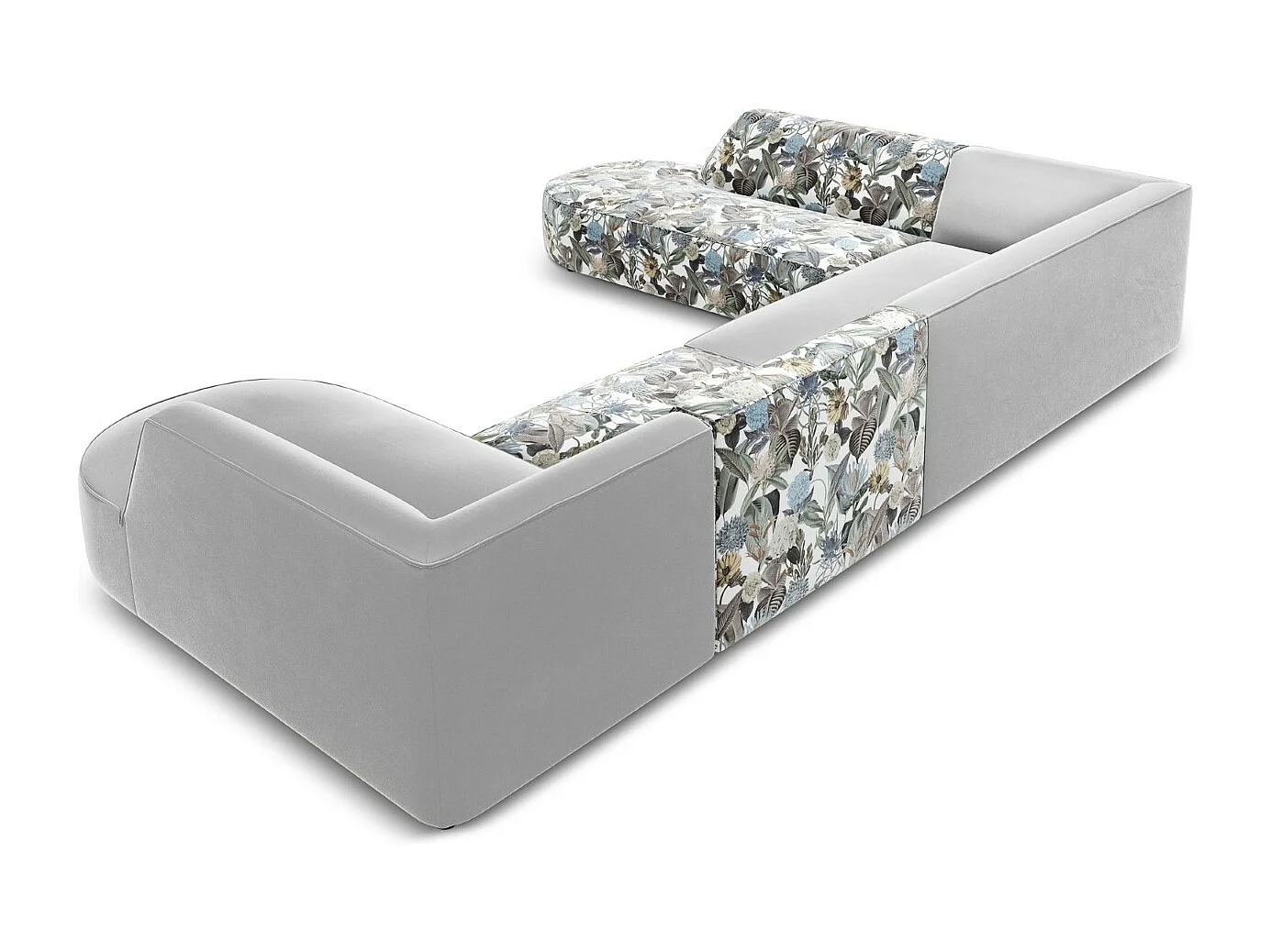 CXL by Christian Lacroix - Divano panoramico sinistro "Charles" 7 posti in velluto motivo giardino azzurro - 366x273x69cm