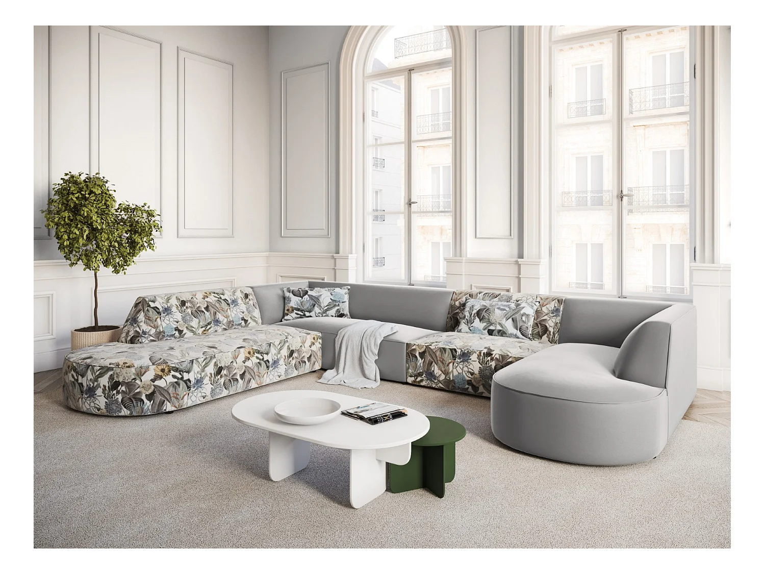 CXL by Christian Lacroix - Panoramische hoekbank links "Charles" 7 zitplaatsen, Flueel, lichtblauw, lichtgrijs tuinpatroon - 366x273x69cm