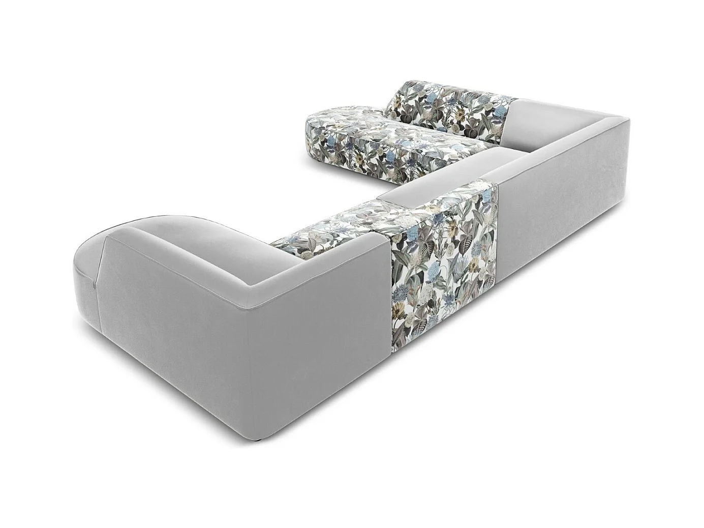 CXL by Christian Lacroix - Panoramische hoekbank links "Charles" 7 zitplaatsen, Flueel, lichtblauw, lichtgrijs tuinpatroon - 366x273x69cm