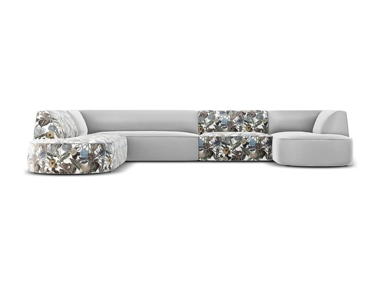 CXL by Christian Lacroix - Panoramische hoekbank links "Charles" 7 zitplaatsen, Flueel, lichtblauw, lichtgrijs tuinpatroon - 366x273x69cm