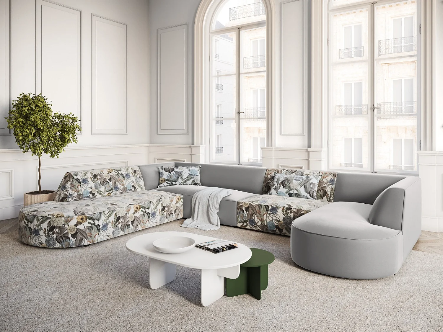 CXL by Christian Lacroix - Panoramische hoekbank links "Charles" 7 zitplaatsen, Flueel, lichtblauw, lichtgrijs tuinpatroon - 366x273x69cm