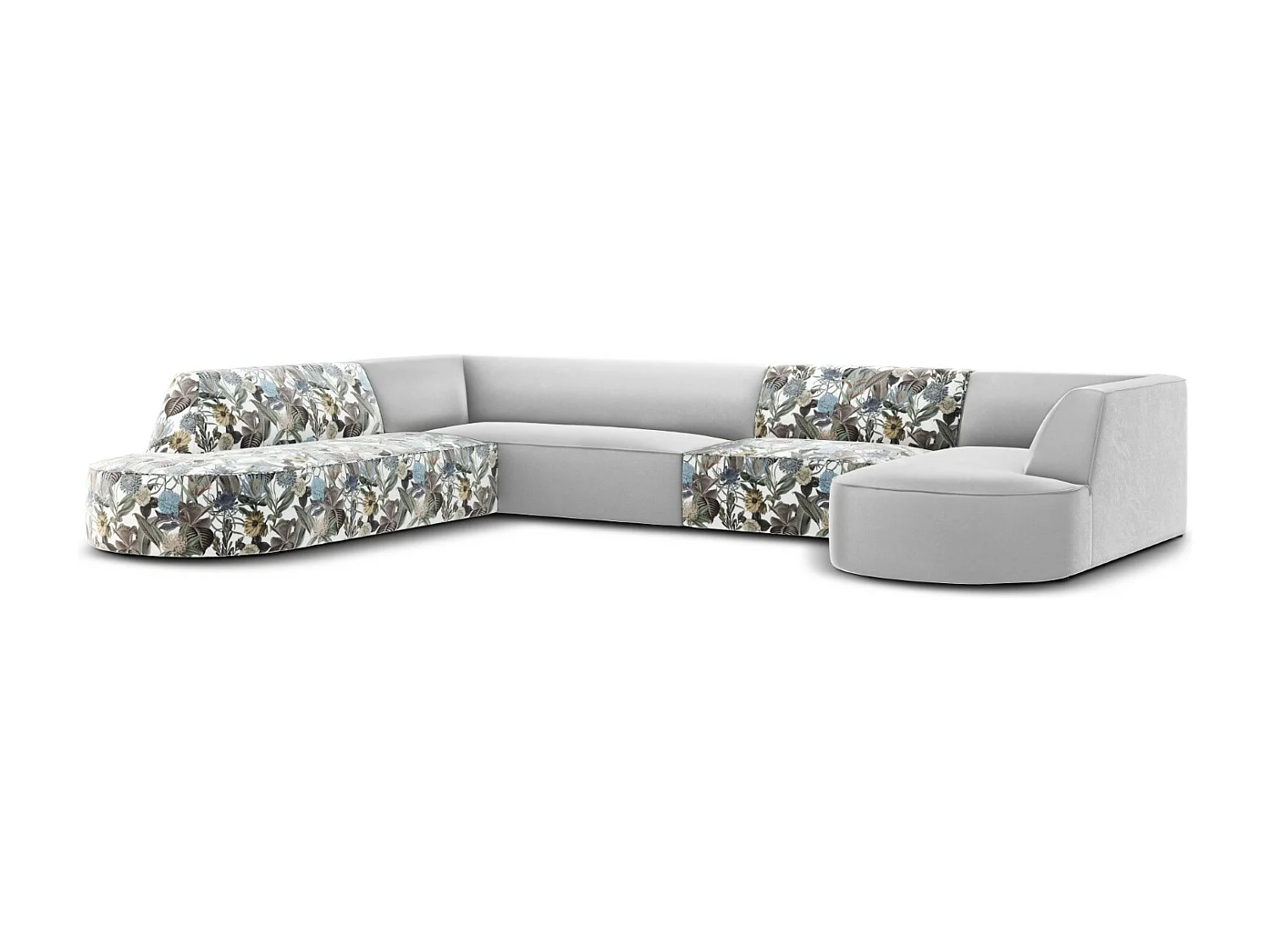 CXL by Christian Lacroix - Panoramische hoekbank links "Charles" 7 zitplaatsen, Flueel, lichtblauw, lichtgrijs tuinpatroon - 366x273x69cm