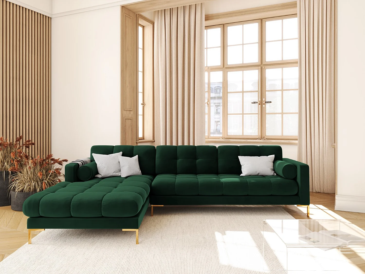 Cosmopolitan Design - Sofá de canto esquerdo "Bali" 5 lugares em veludo verde garrafa - 293x185x75cm