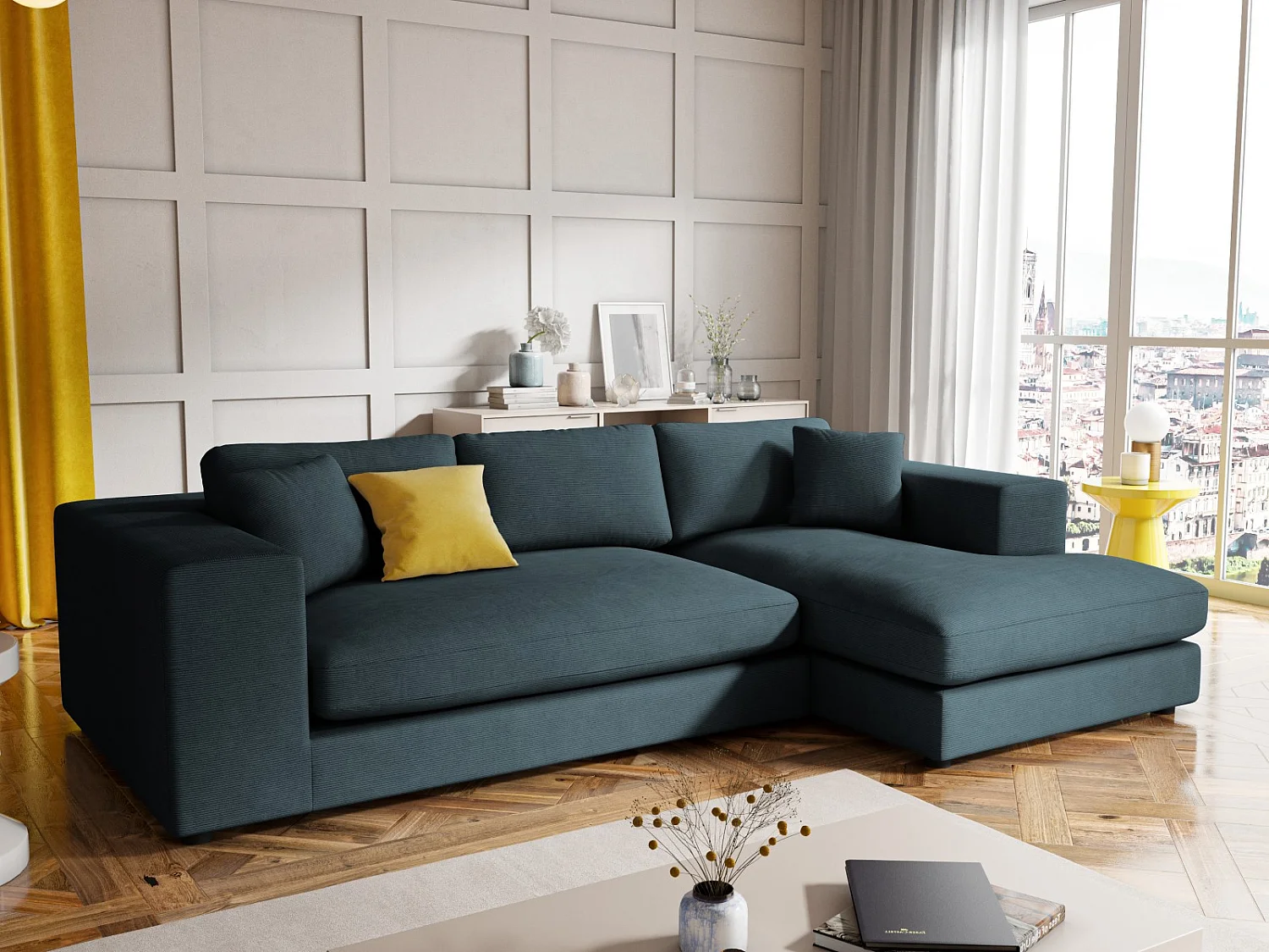 CXL by Christian Lacroix - 5-Sitzer Ecksofa rechts "Tendance" Sitzer aus Cord blau - 282x174x72cm