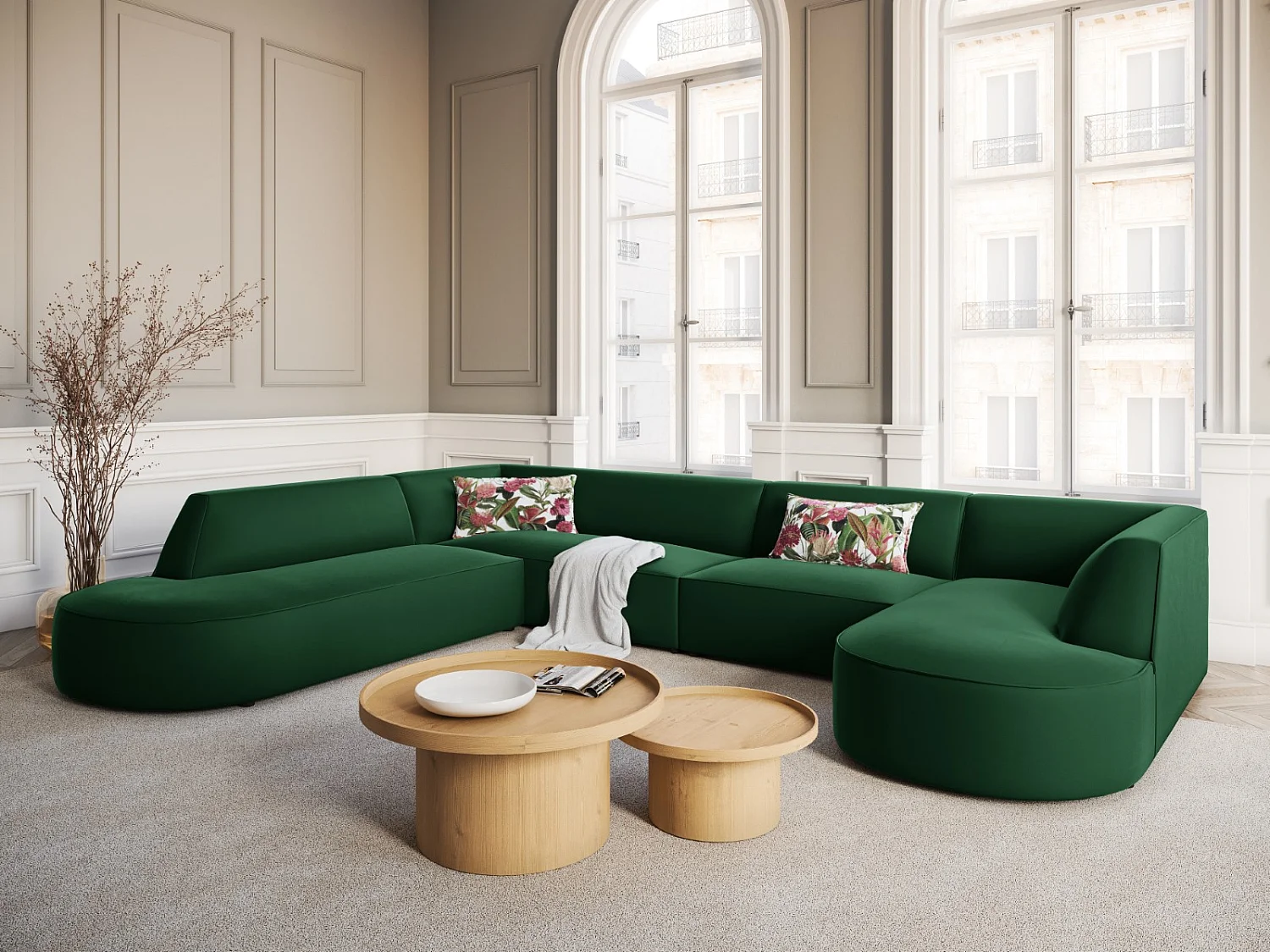 CXL by Christian Lacroix - 7-Sitzer Panoramasofa links "Charles" Sitzer aus Samt grün - 366x273x69cm