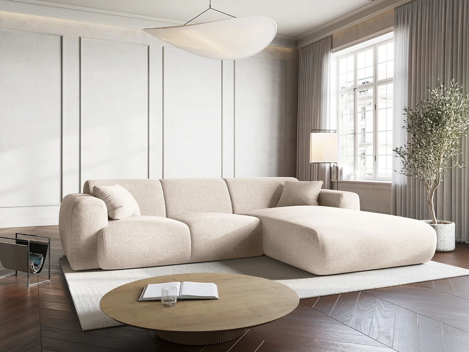 Cosmopolitan Design - Divano angolare destro "Nolio" 4 posti in ciniglia beige chiaro - 260x170x72cm