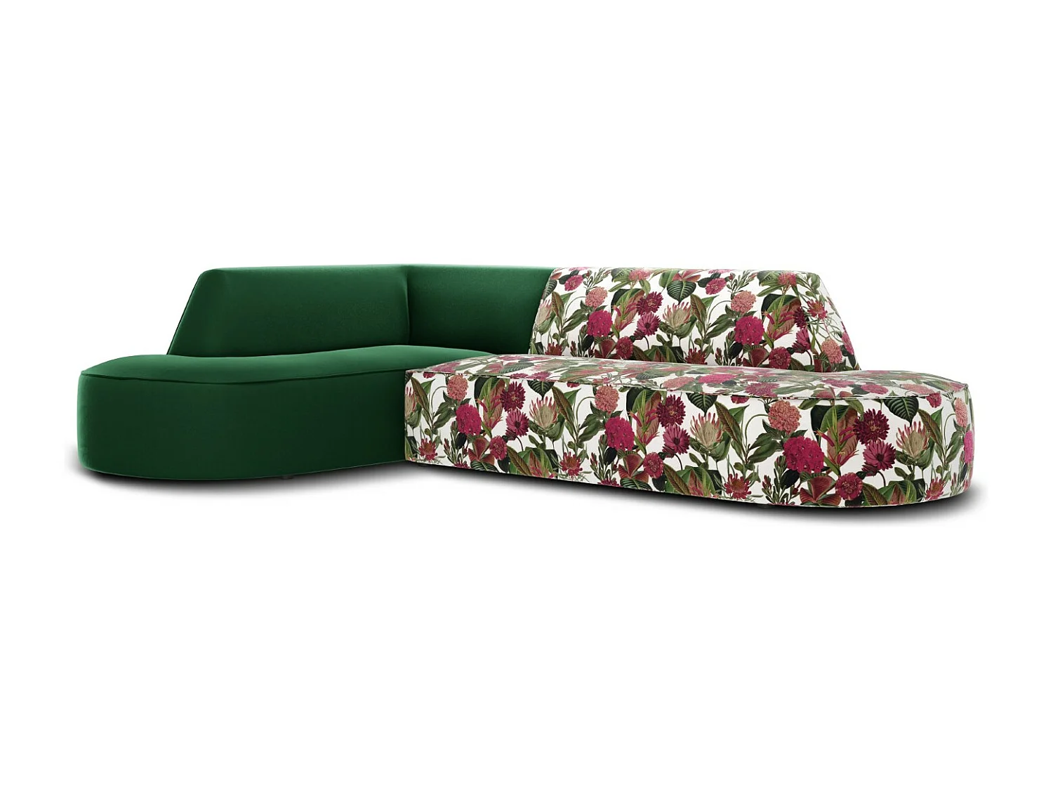 CXL by Christian Lacroix - Canapé d'angle gauche "Charles" 4 places en velours motif de rose de jardin,vert - 273x180x69cm