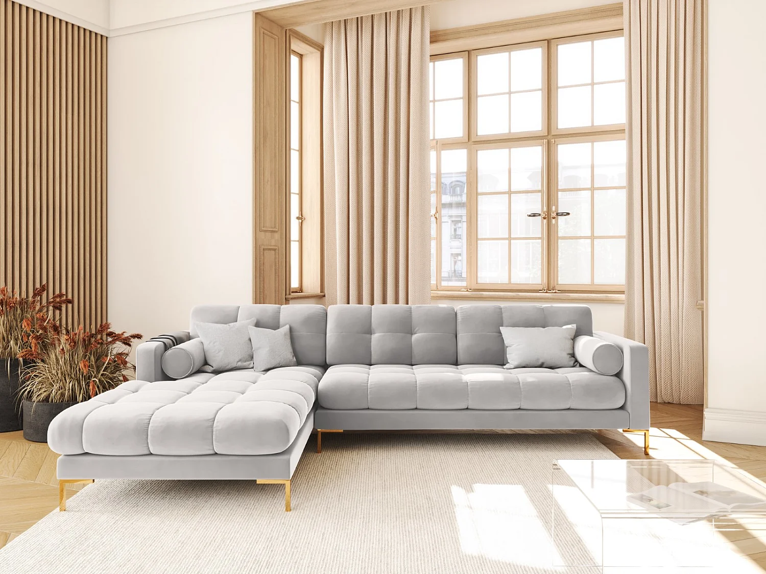 Cosmopolitan Design - Divano angolare sinistro "Bali" 5 posti in velluto argento - 293x185x75cm