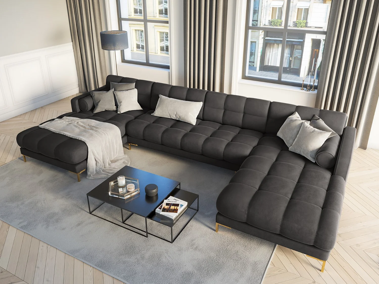 Cosmopolitan Design - Panoramische bank "Bali" 7 zitplaatsen, Flueel, Donkergrijs - 383x185x75cm