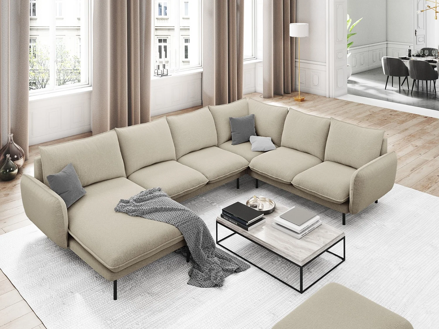 Cosmopolitan Design - Panoramische hoekbank rechts "Vienna" 7 zitplaatsen, Structurele stof, Beige - 330x235x95cm