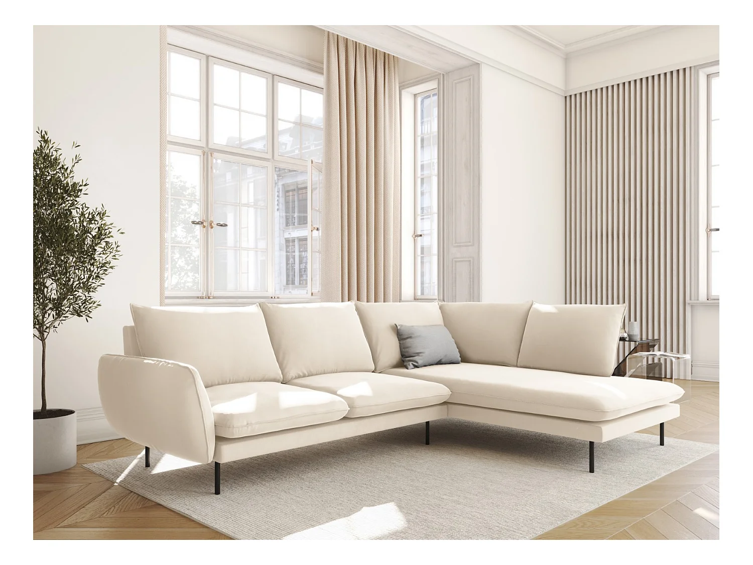 Cosmopolitan Design - Canapé d'angle droit "Vienna" 6 places en velours beige clair - 275x185x95cm