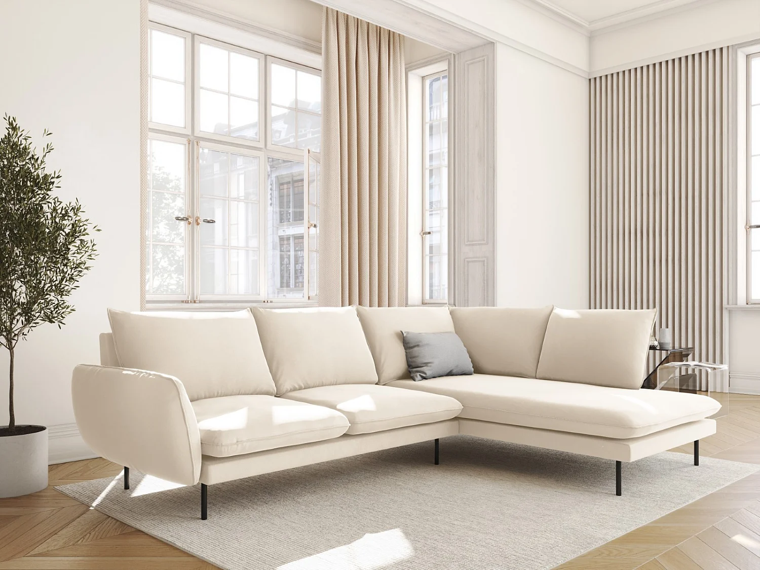 Cosmopolitan Design - Canapé d'angle droit "Vienna" 6 places en velours beige clair - 275x185x95cm