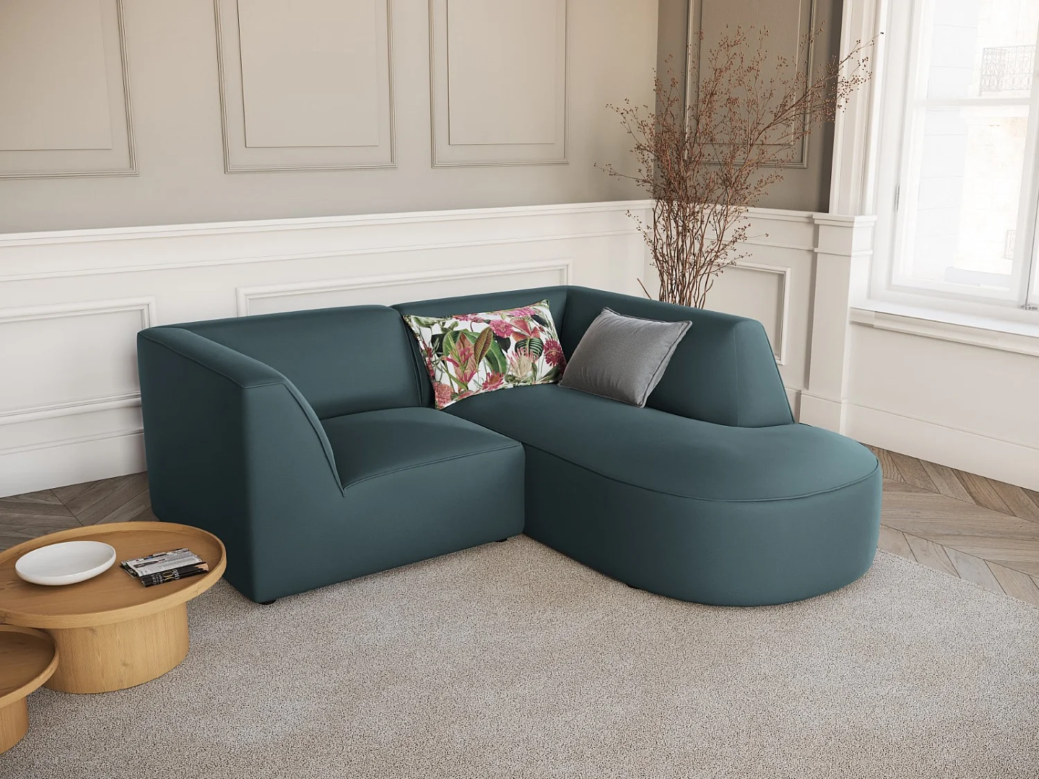 CXL by Christian Lacroix - Sofá esquinero derecho "Charles" 3 plazas de terciopelo azul - 186x180x69cm