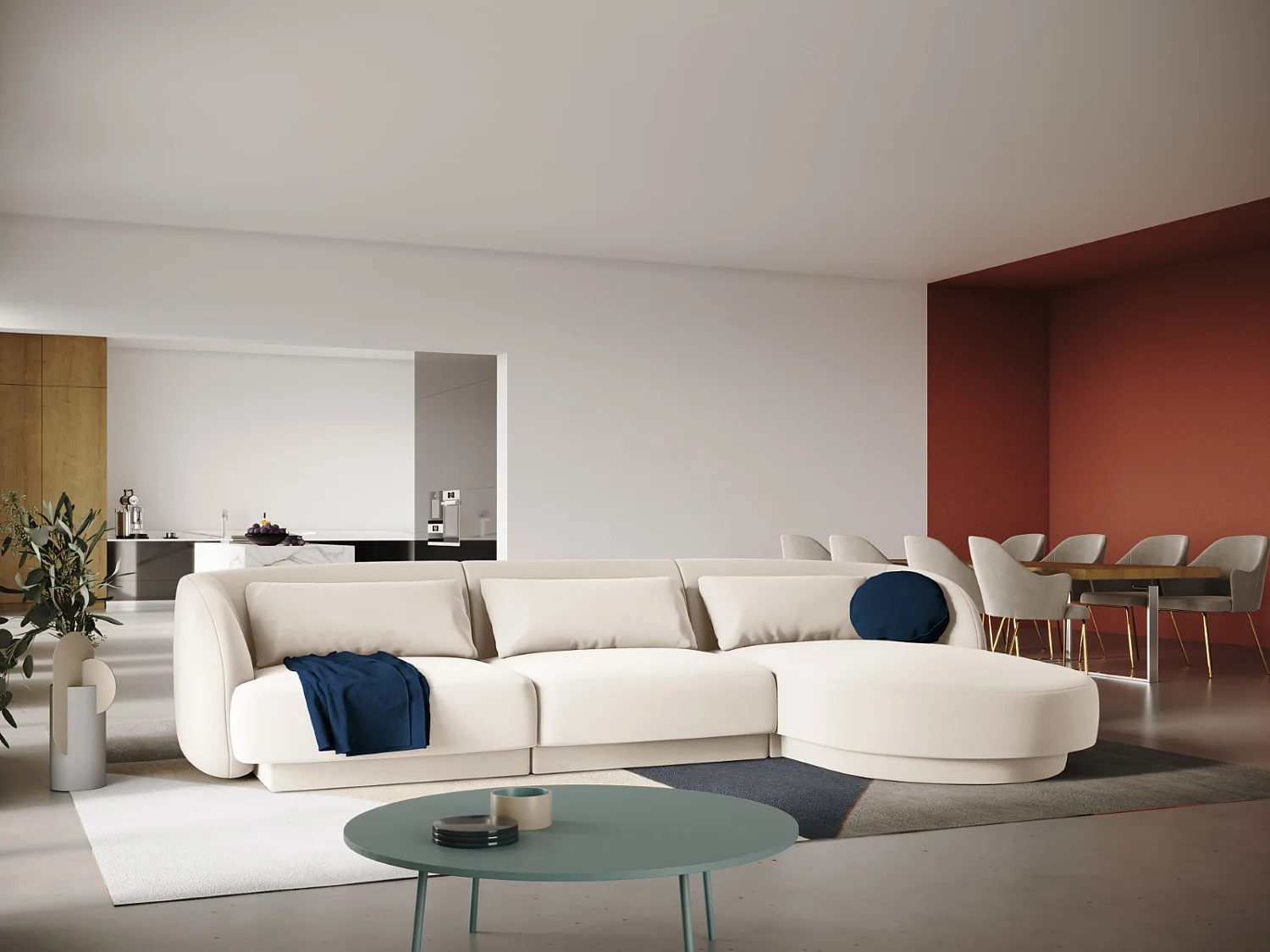 Cosmopolitan Design - Narożnik prawy, "Tulum" 4 miejsca welur, beż jasny - 255x156x70cm