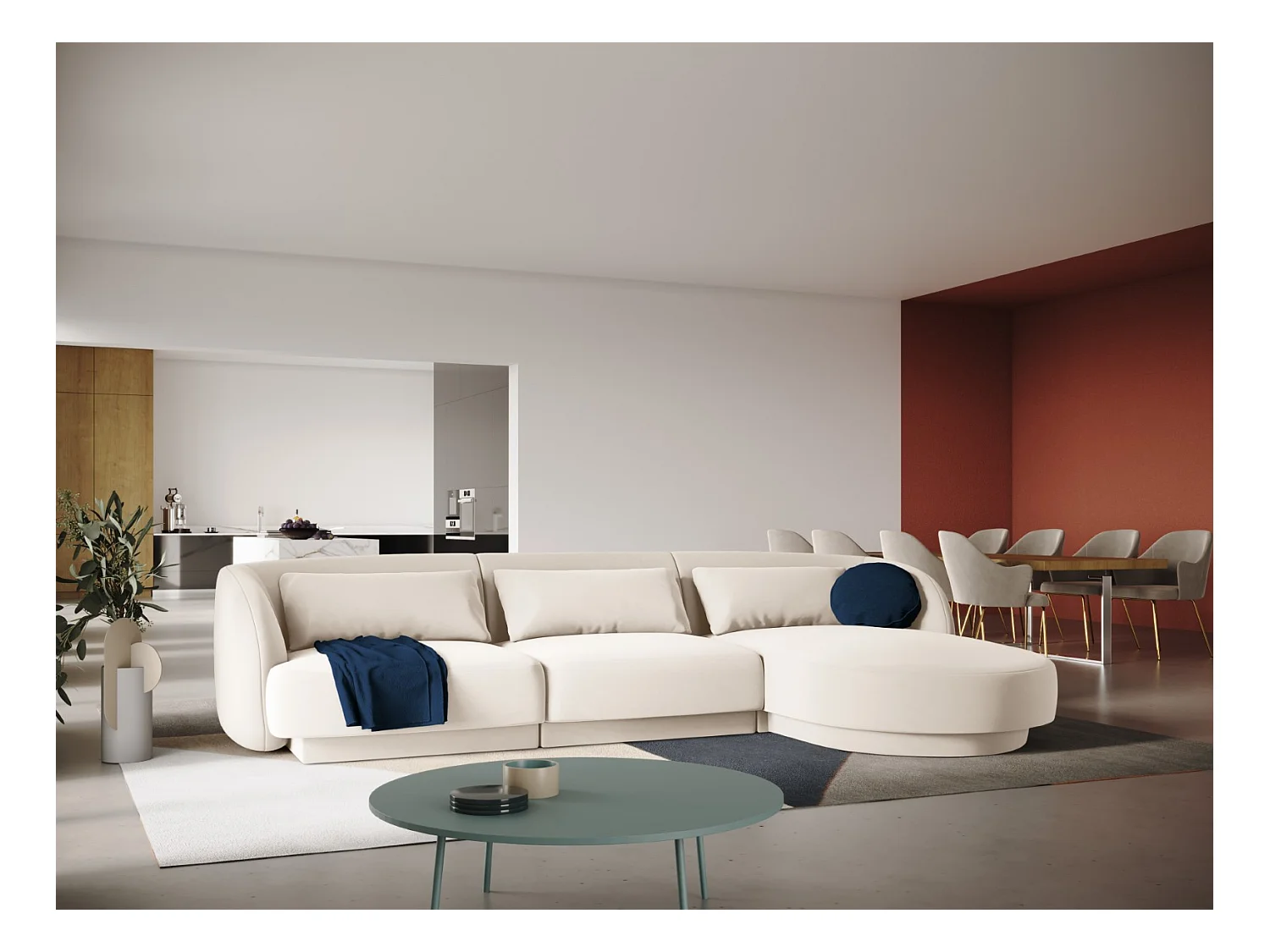 Cosmopolitan Design - Canapé d'angle droit "Tulum" 4 places en velours beige clair - 255x156x70cm