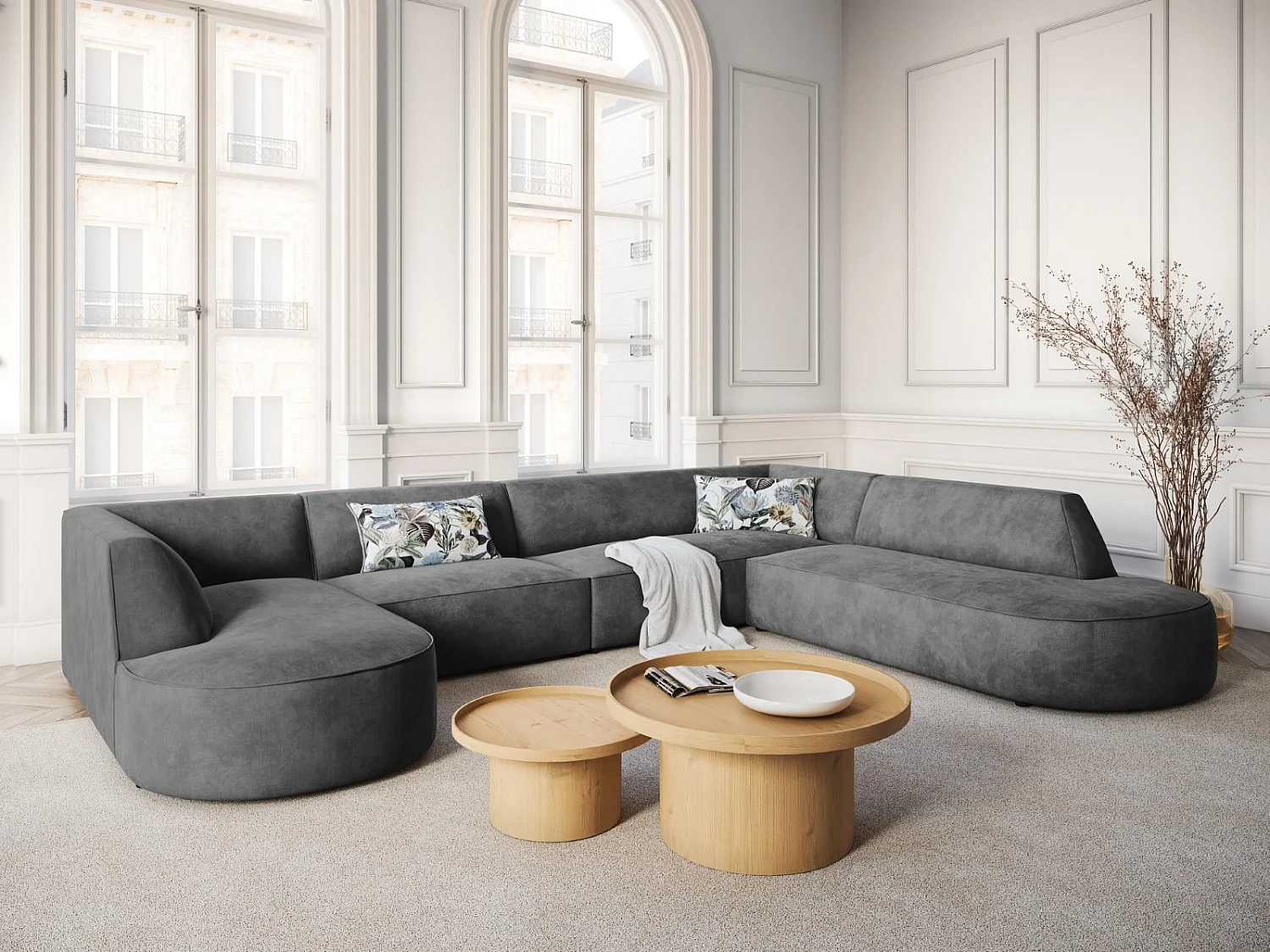 CXL by Christian Lacroix - Canapé d'angle droit panoramique "Charles" 7 places en velours gris foncé - 366x273x69cm