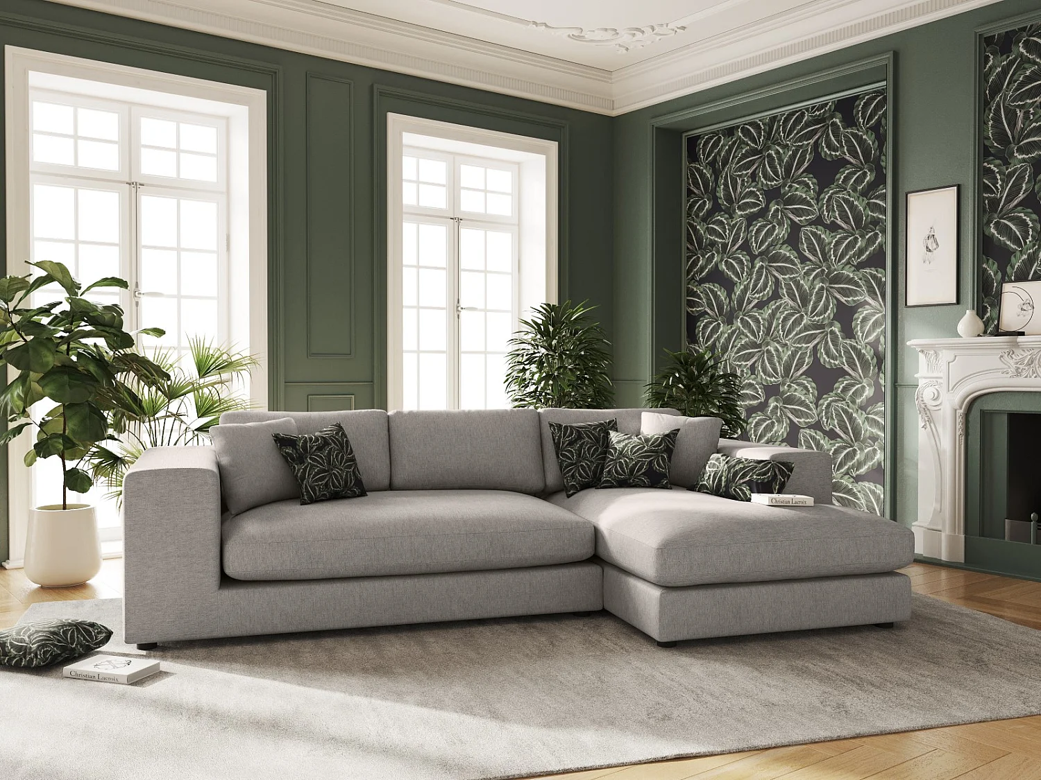 CXL by Christian Lacroix - Canapé d'angle droit "Tendance" 5 places en tissu structurel gris - 282x174x72cm