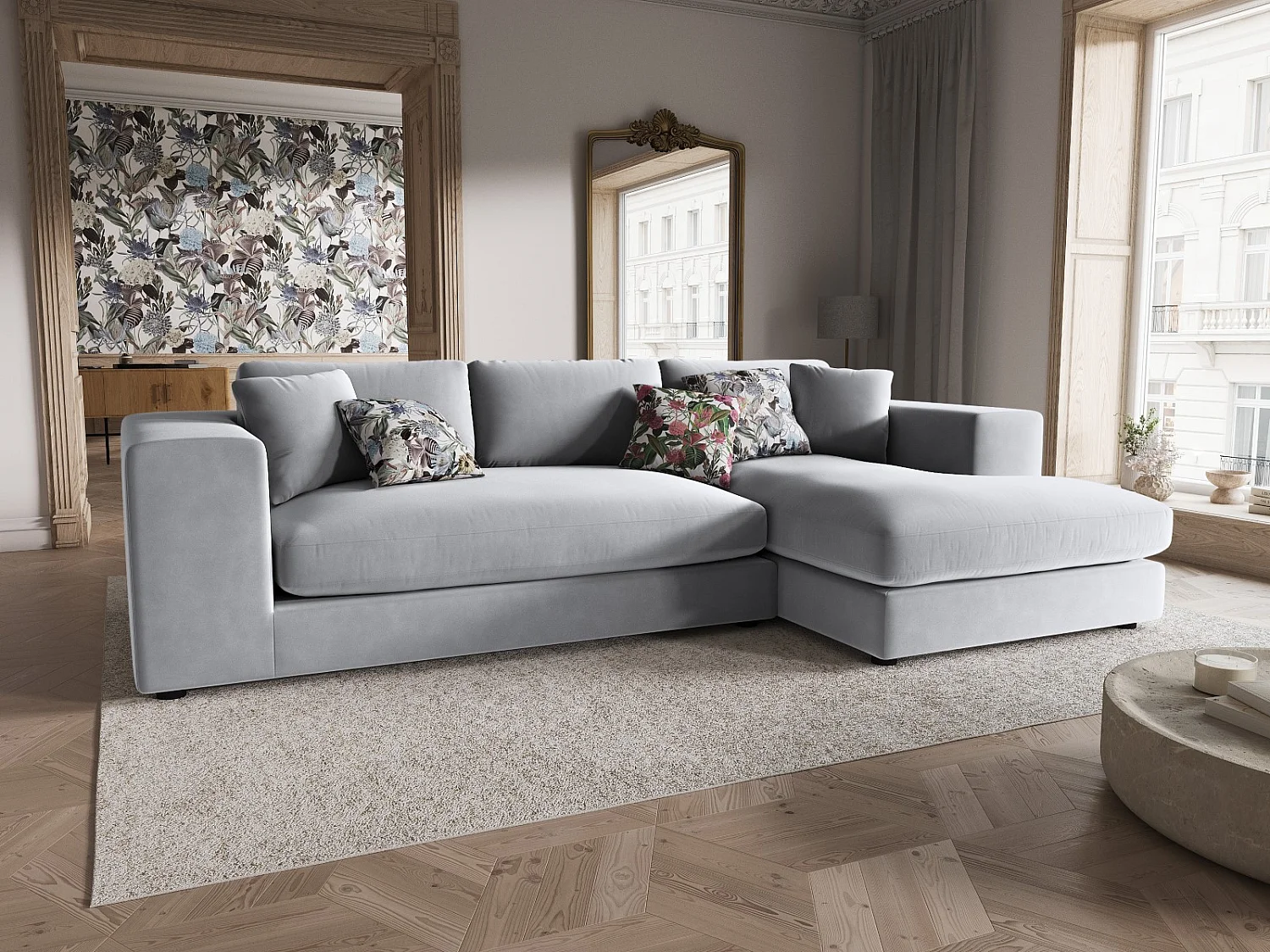 CXL by Christian Lacroix - Divano angolare destro "Tendance" 5 posti in velluto grigio chiaro - 282x174x72cm