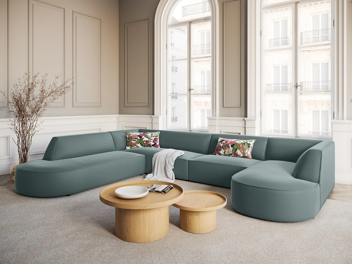 CXL by Christian Lacroix - Canapé d'angle gauche panoramique "Charles" 7 places en velours menthe - 366x273x69cm