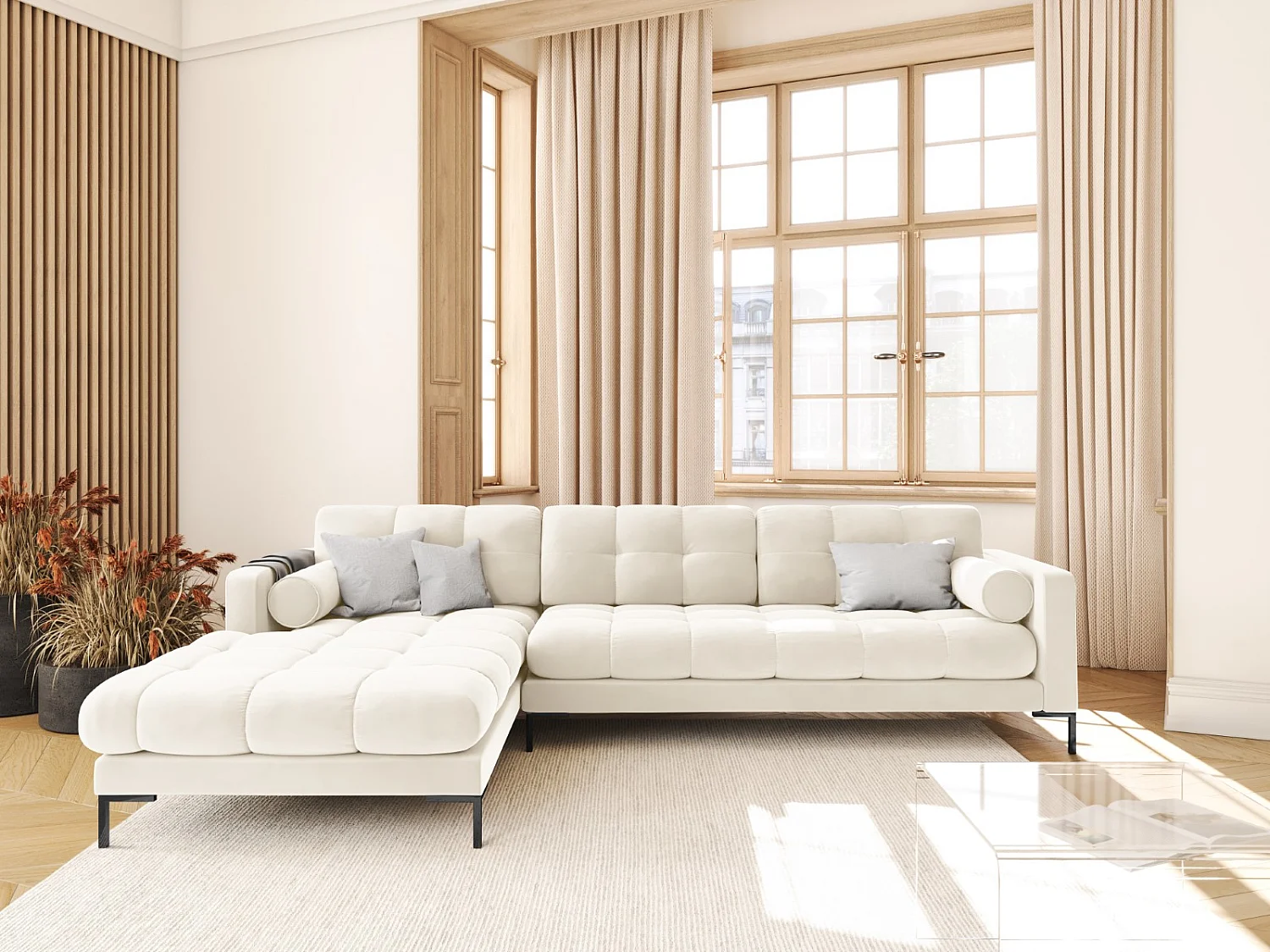 Cosmopolitan Design - Sofá de canto esquerdo "Bali" 5 lugares em veludo bege claro - 293x185x75cm