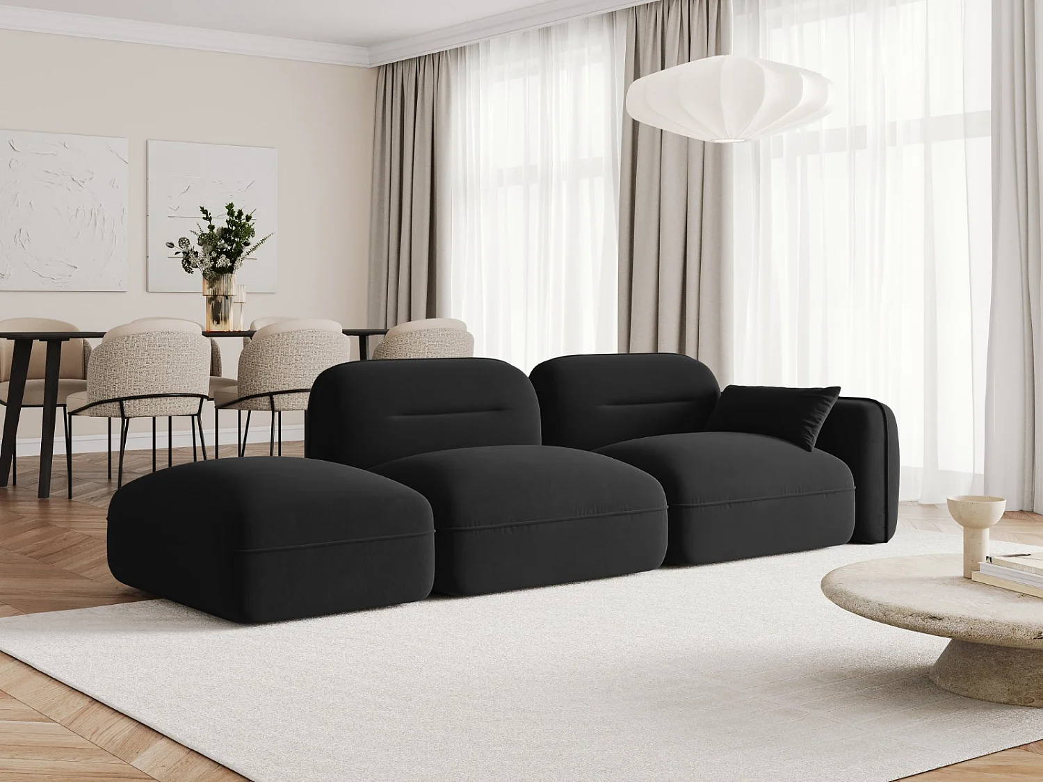 Cosmopolitan Design - Canapé modulable gauche "Sydney" 3 places en velours noir - 295x90x70cm
