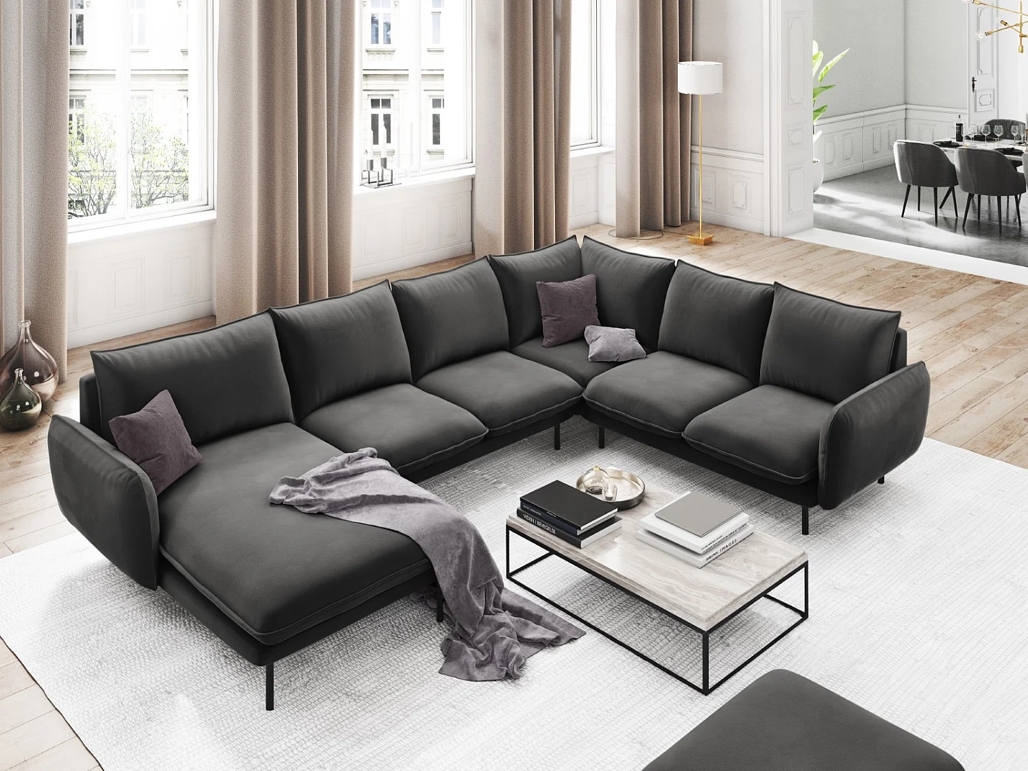 Cosmopolitan Design - Canapé d'angle droit panoramique "Vienna" 7 places en velours gris - 330x235x95cm