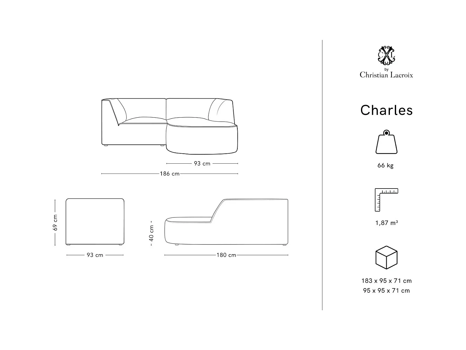 CXL by Christian Lacroix - Canapé d'angle droit "Charles" 3 places en velours rouge - 186x180x69cm