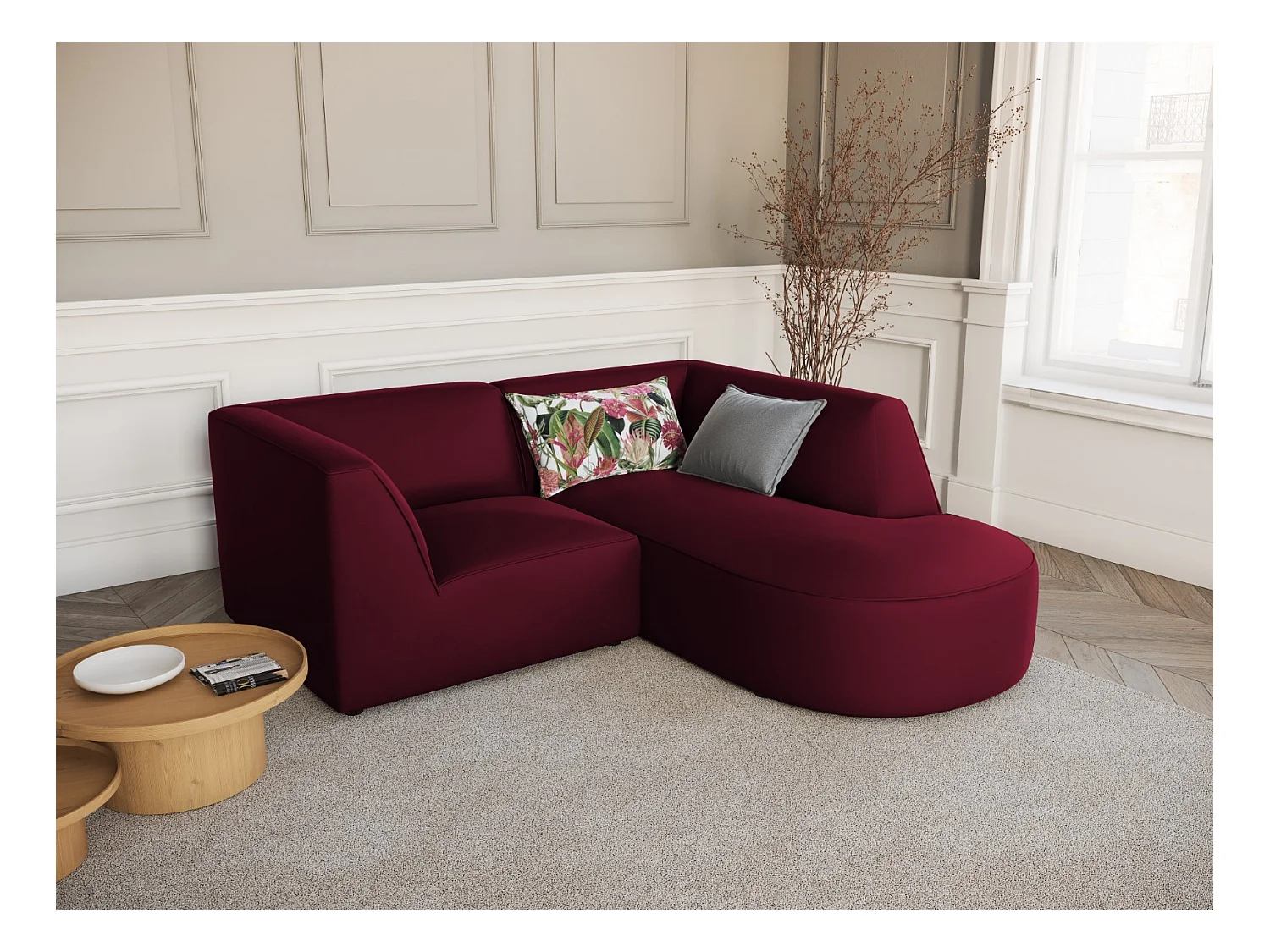 CXL by Christian Lacroix - Canapé d'angle droit "Charles" 3 places en velours rouge - 186x180x69cm