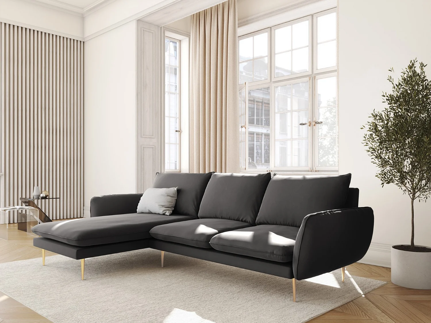 Cosmopolitan Design - Sofá esquinero izquierdo "Vienna" 5 plazas de terciopelo gris oscuro - 255x170x95cm