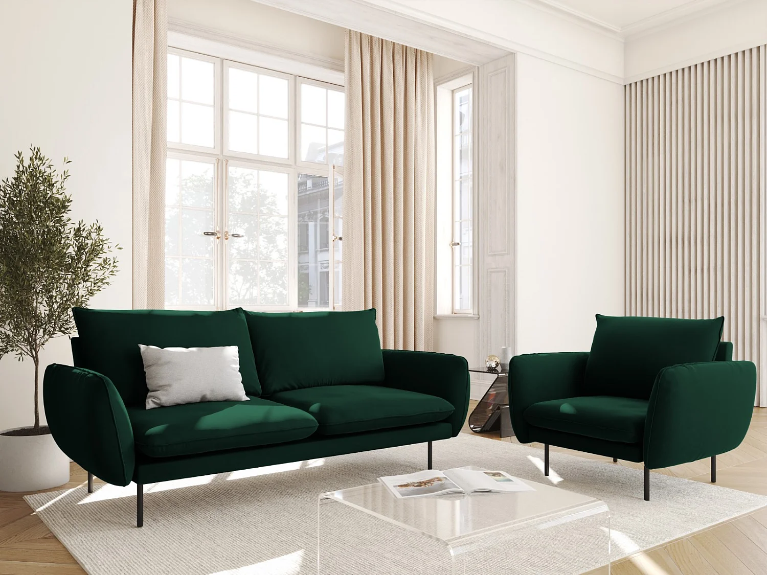 Cosmopolitan Design - 2-Sitzer Sofa "Vienna" aus Samt flaschengrün - 160x92x95cm