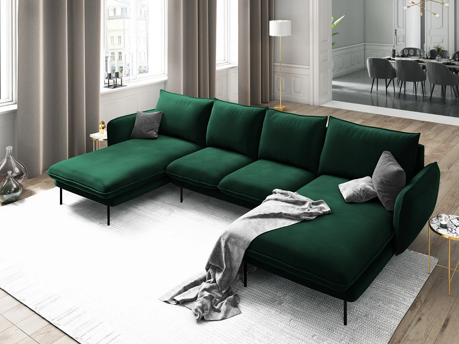 Cosmopolitan Design - Divano panoramico "Vienna" 6 posti in velluto verde bottiglia - 350x170x95cm