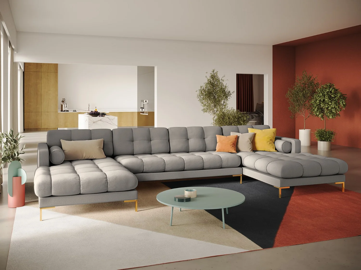 Cosmopolitan Design - 7-Sitzer Panoramasofa "Bali" aus strukturiertem Stoff hellgrau - 383x185x75cm