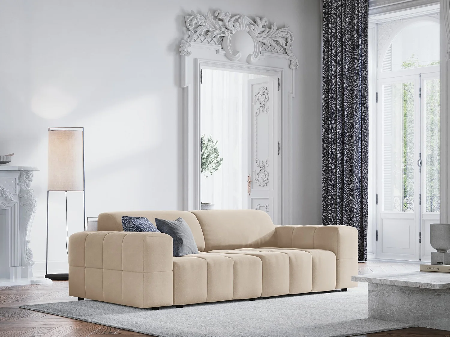 CXL by Christian Lacroix - Sofá "Luc" 3 lugares em veludo bege claro - 204x102x70cm