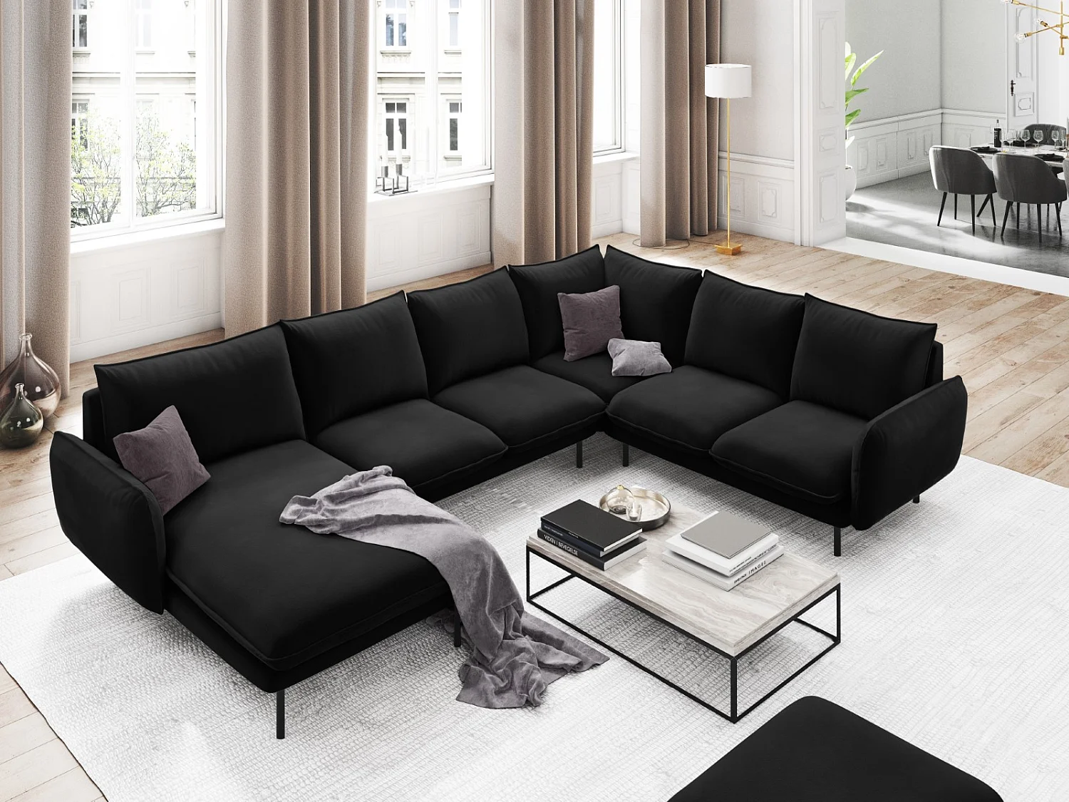 Cosmopolitan Design - Canapé d'angle droit panoramique "Vienna" 7 places en velours noir - 330x235x95cm