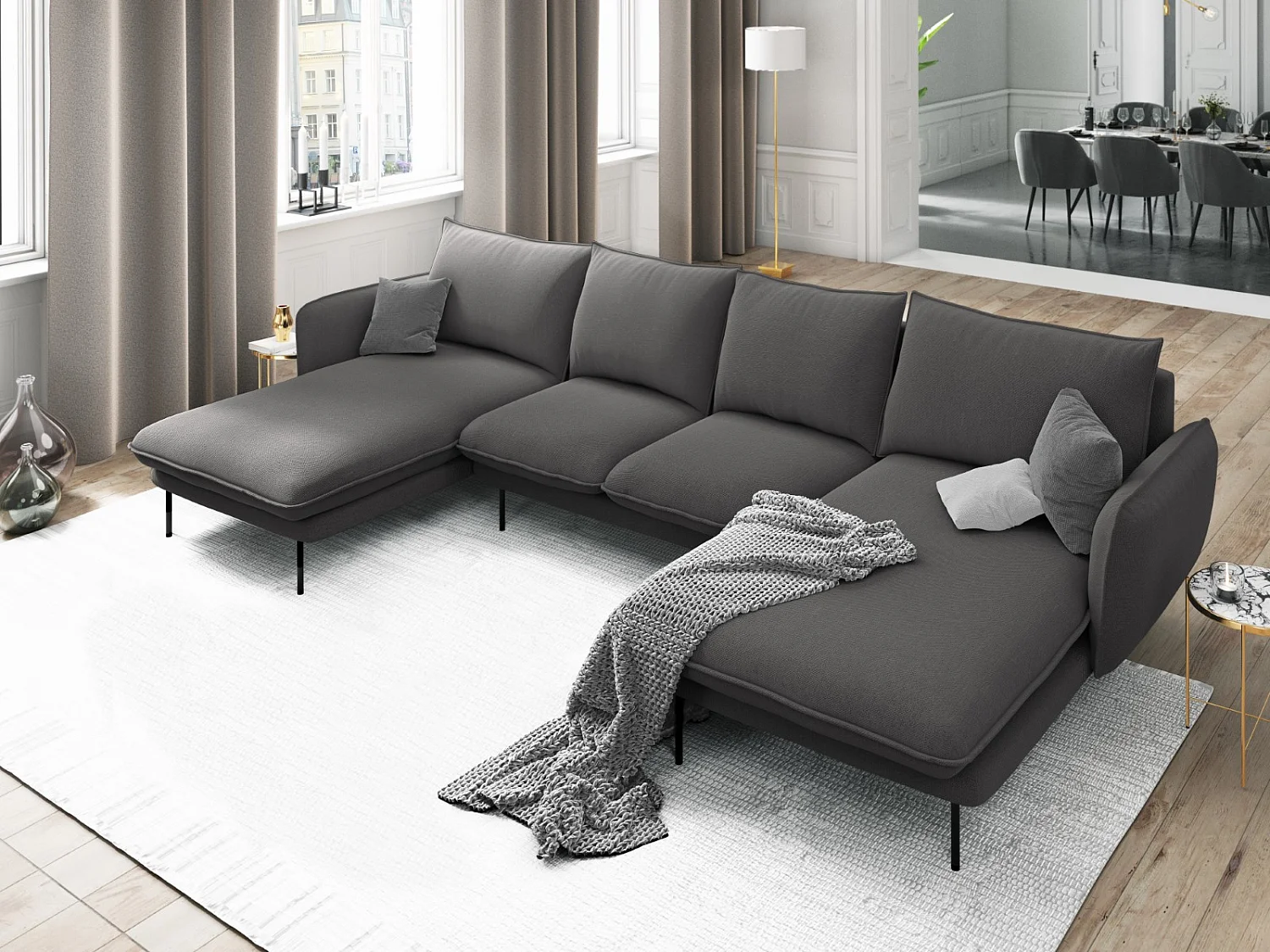 Cosmopolitan Design - 6-Sitzer Panoramasofa "Vienna" aus strukturiertem Stoff dunkelgrau - 350x170x95cm