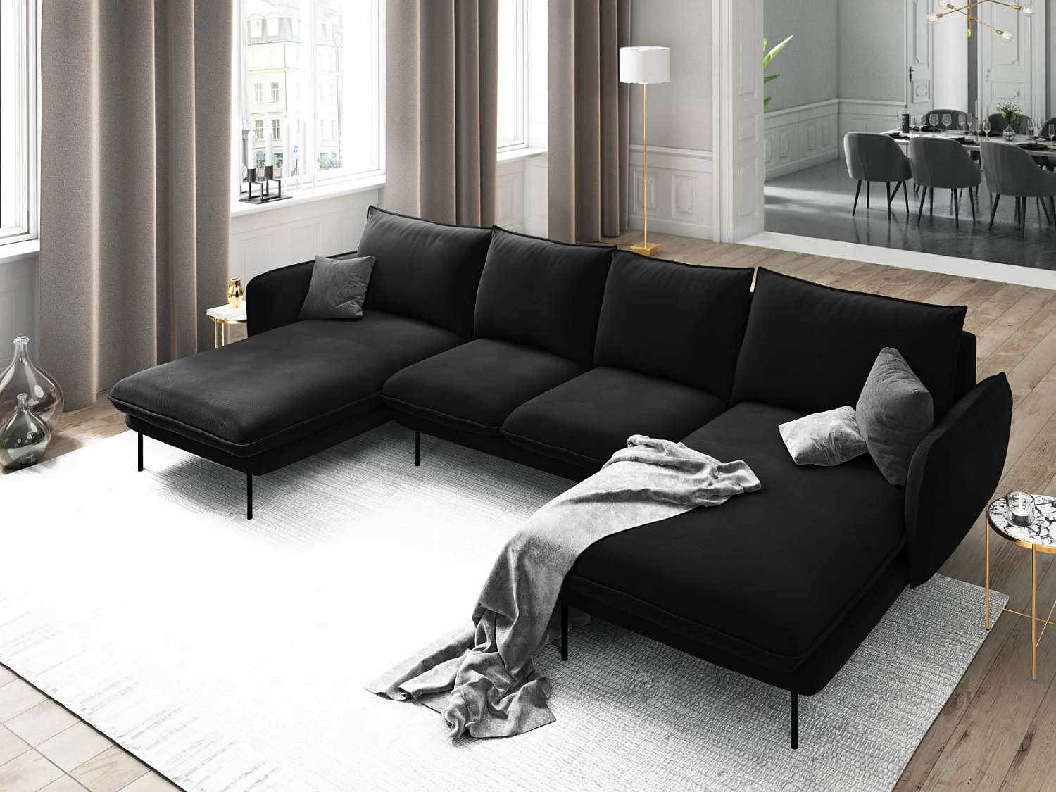 Cosmopolitan Design - Canapé panoramique "Vienna" 6 places en velours noir - 350x170x95cm