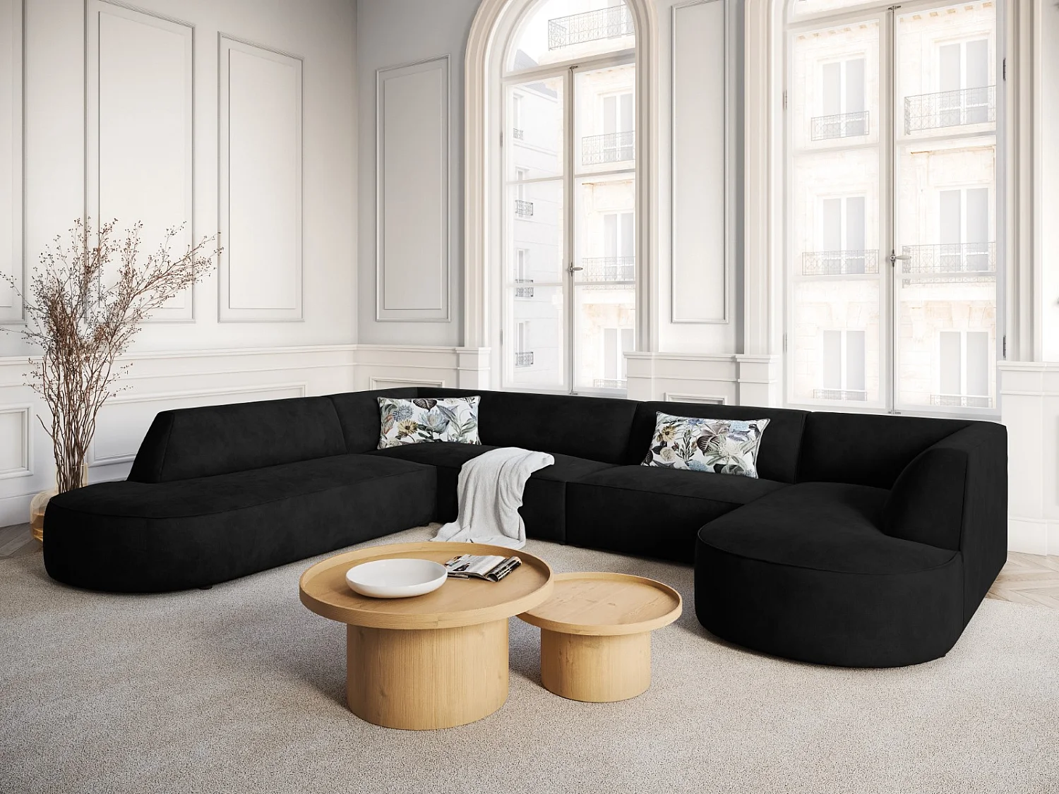 CXL by Christian Lacroix - Sofá de canto panorâmico à esquerda "Charles" 7 lugares em veludo preto - 366x273x69cm