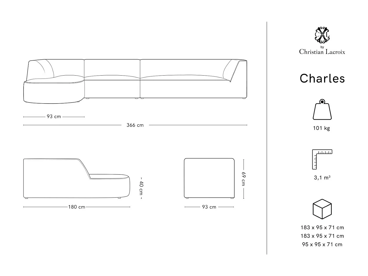 CXL by Christian Lacroix - 5-Sitzer Ecksofa links "Charles" Sitzer aus Samt rosengarten-motiv - 366x180x69cm