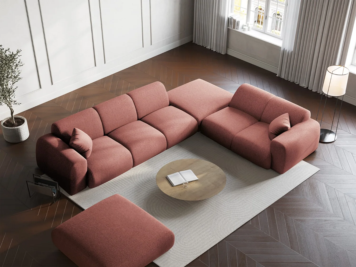 Cosmopolitan Design - Divano angolare destro "Nolio" 4 posti in ciniglia rosa - 315x250x72cm